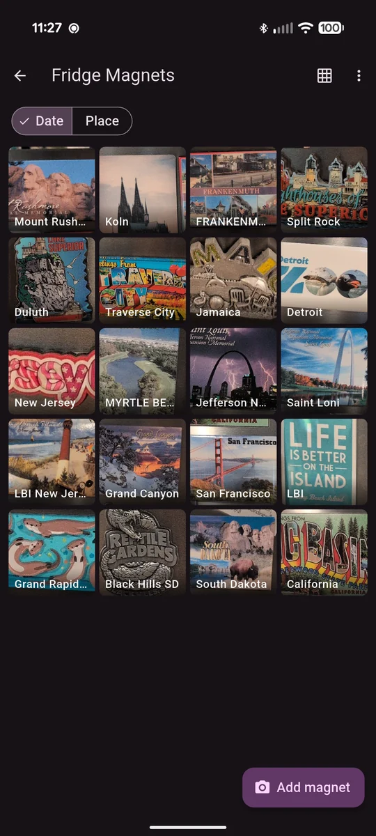 Pocket Curio collection grid: twenty real fridge magnets — Mount Rushmore, Köln, Traverse City, San Francisco — each tile labelled with its place