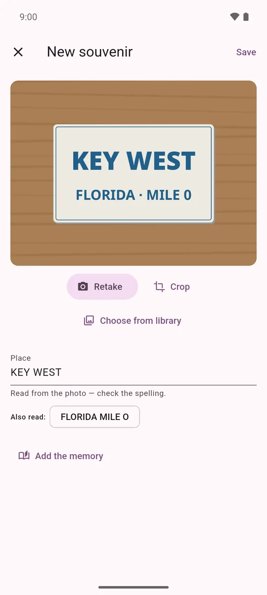New souvenir screen with a Key West magnet photo and the Place field prefilled from the photo