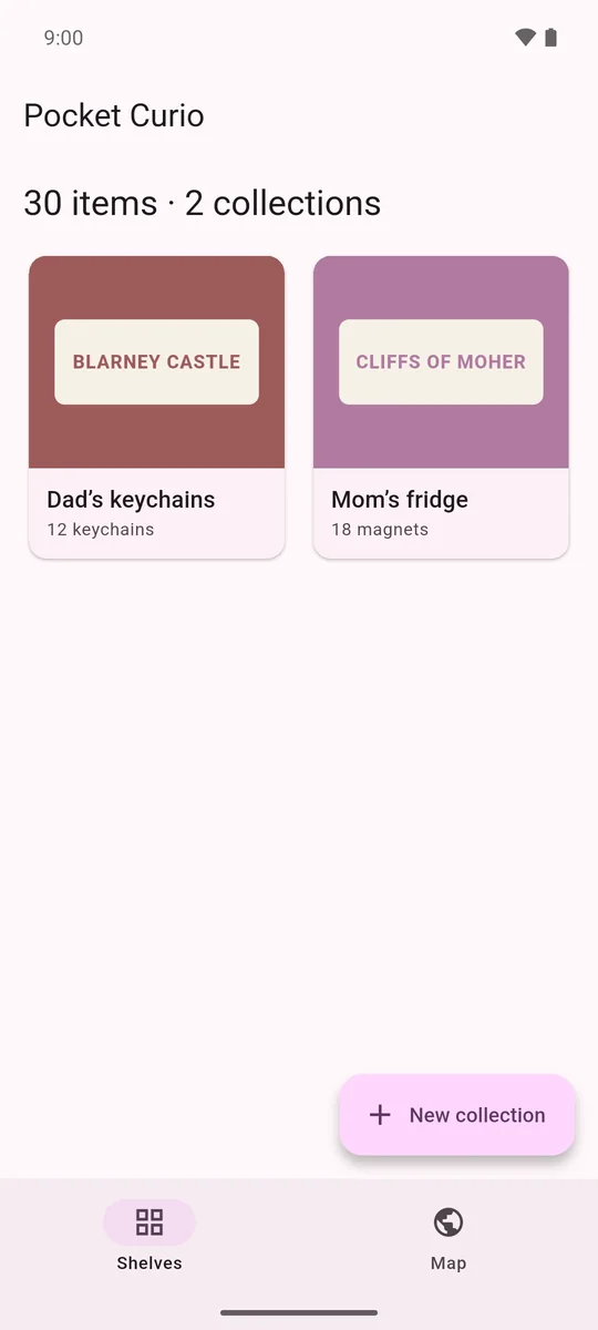 Shelves tab: two collection tiles, Dad's keychains and Mom's fridge, under a headline of 30 items in 2 collections