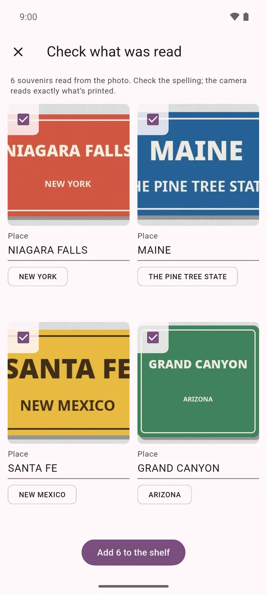 Check what was read: a grid of cropped magnet photos, each with the place name read from it